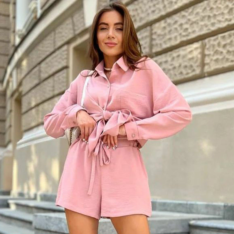 Ensemble deux pièces de shorts d'été à lacets et chemise ample en lin décontracté à la mode pour femmes de style européen et américain
