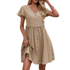 Robe de plage en coton et lin avec poches, manches papillon et boutonnage