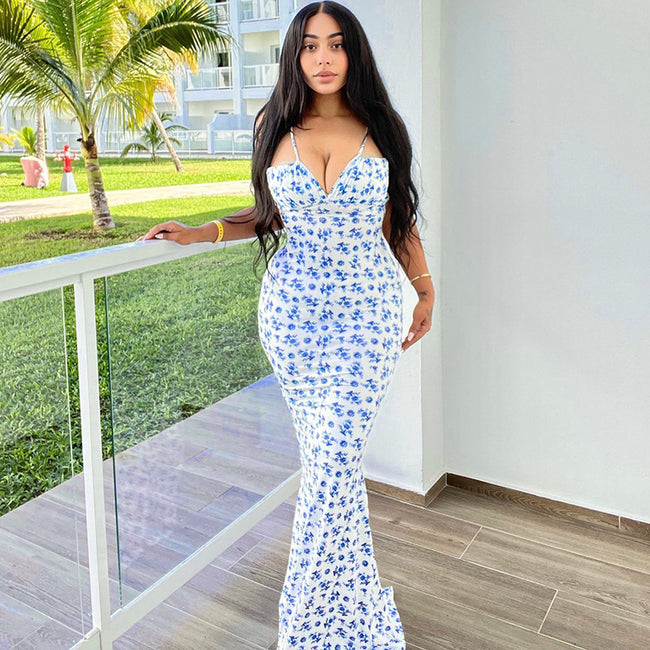 Robe Longue Bretelles Imprimé Floral Été Dentelle Ajustée Dos Nu Pour Femmes Main Image