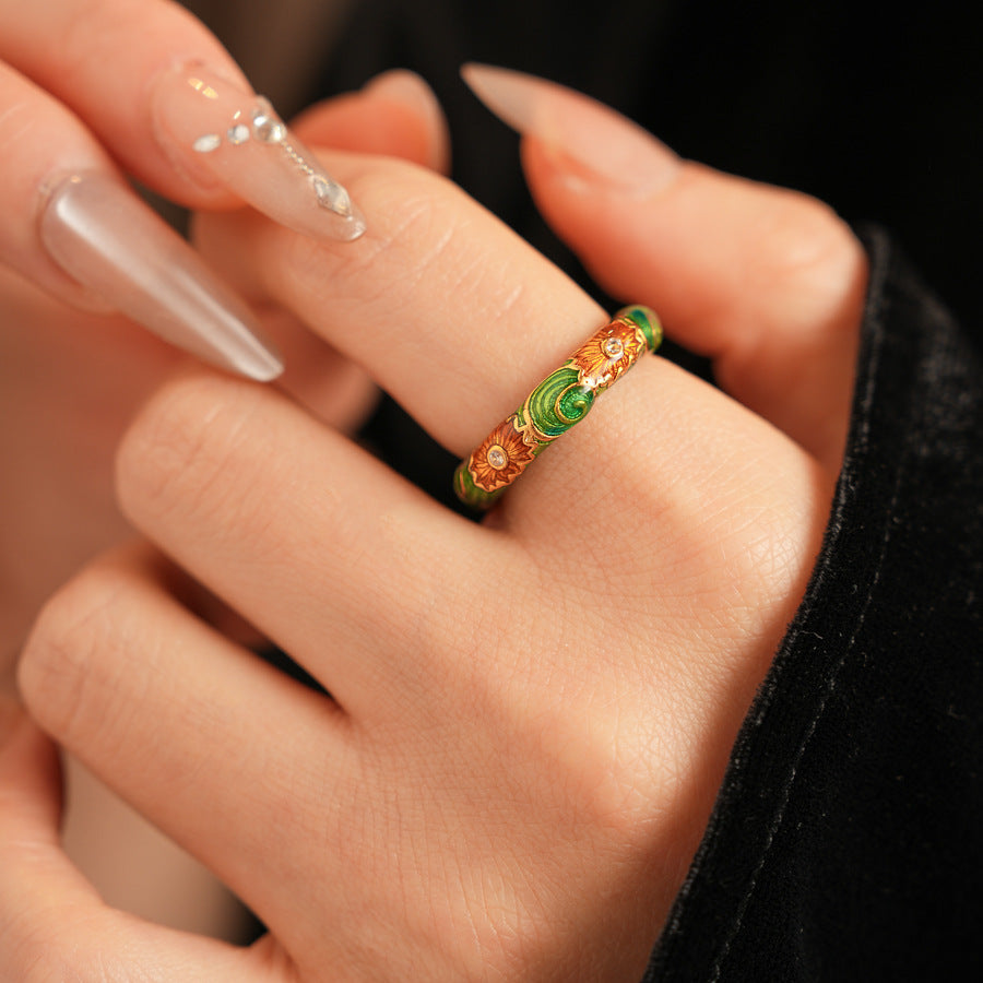 Bague florale vintage, émail vert, bague spectaculaire, perle diamant rétro, bague fleur pour femme, bijoux de mode
