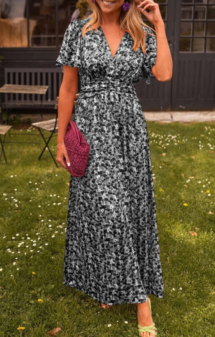 Robe imprimée à col en V, taille ajustée