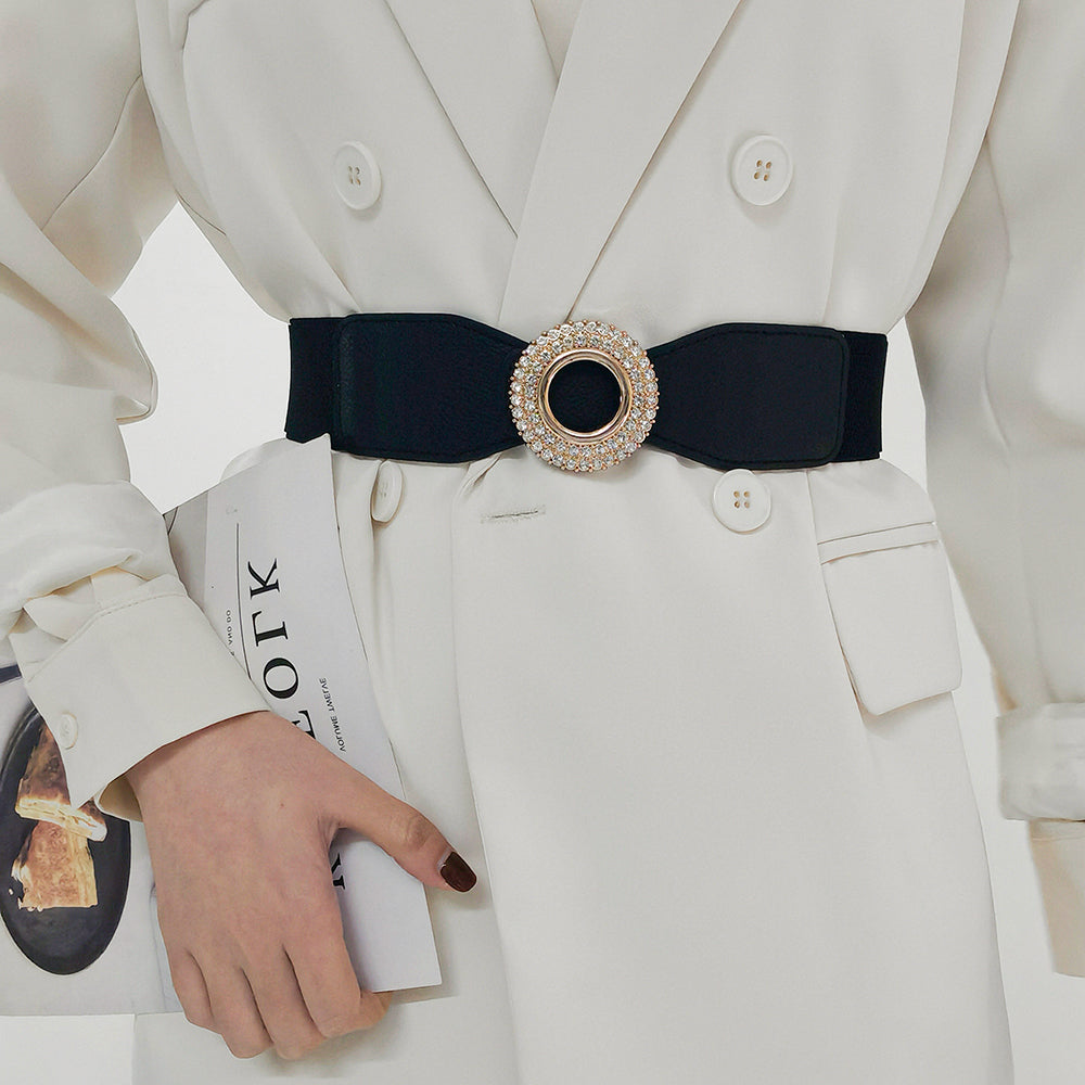 Nouvelle ceinture élastique incrustée de diamants et de strass pour femmes, ceinture de costume à boucle ronde simple pour jupe et chemise