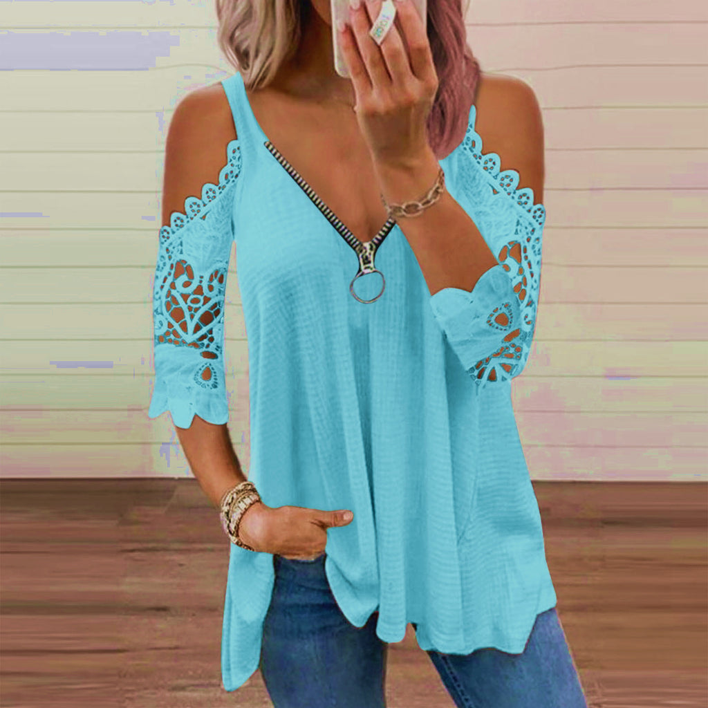 Sexy Summer Half Sleeve Lace Shirt Women Casual Zipper