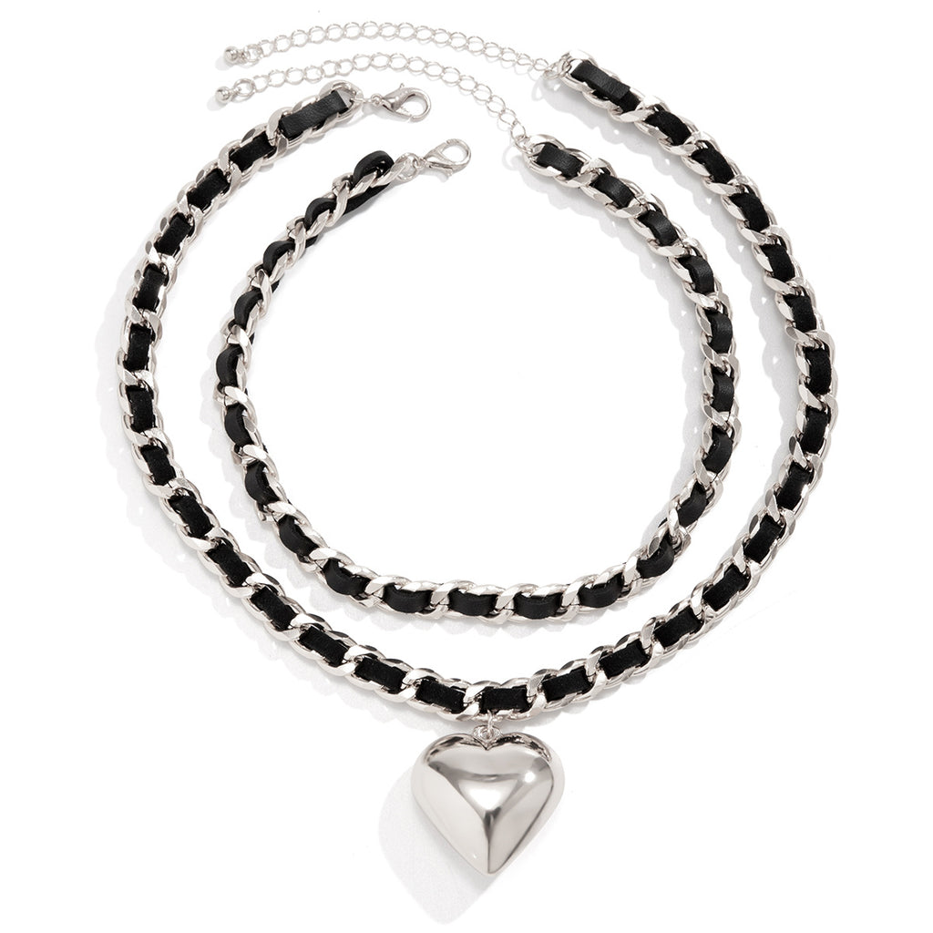 Grand Collier Double Couches Coeur pour Femme Style Punk Urbain Bijoux Tendance