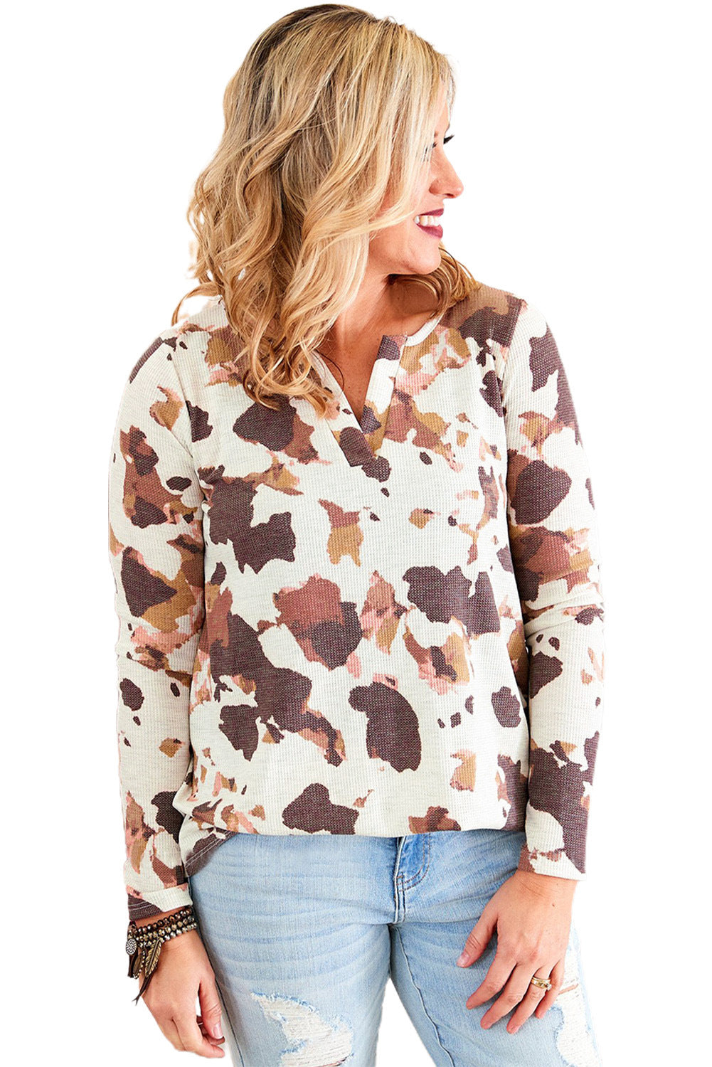 Chemisier décontracté ample rembourré à manches longues pour femme avec motif vache