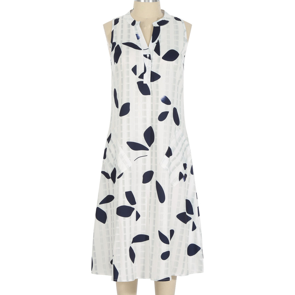 Robe mi-longue décontractée à col en V et taille nouée à motifs de feuilles pour femme