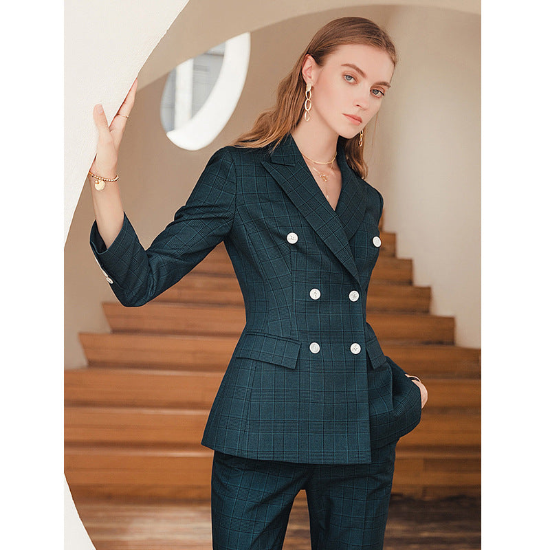 High-end Professional Dark Green Plaid Suit Set