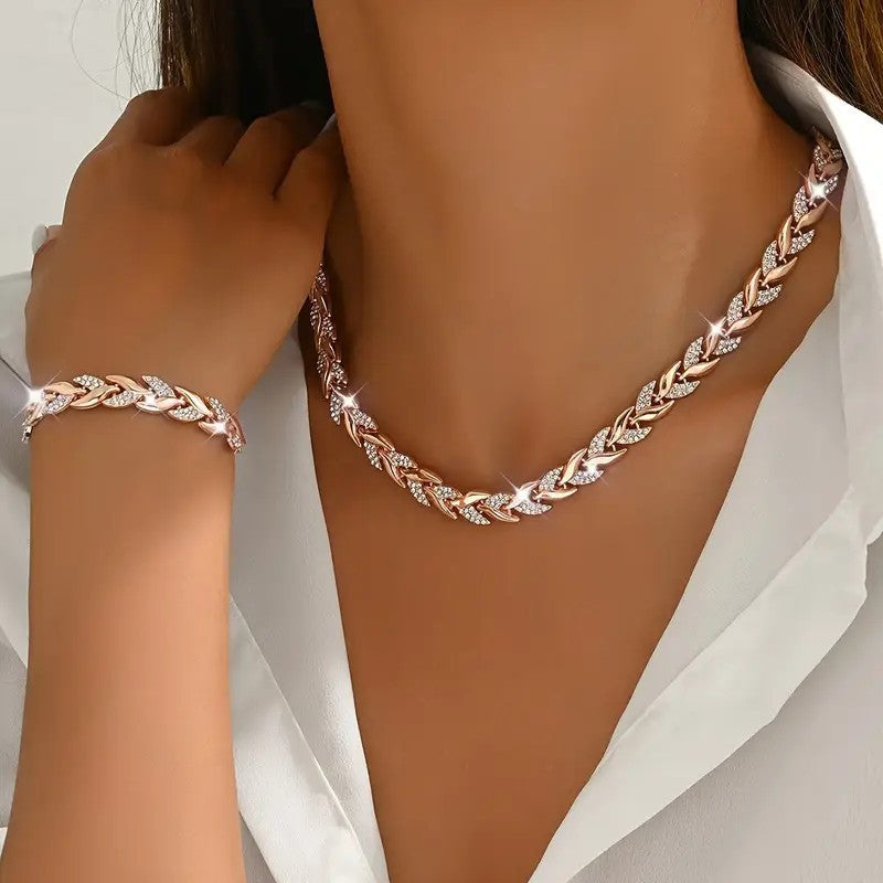Parure Collier et Bracelet Femme avec Feuilles en Verre et Strass Élégants, Bijoux de Luxe à la Mode