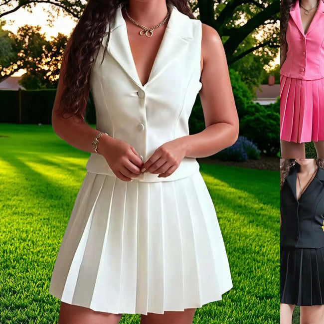 Ensemble deux pièces décontracté à revers larges sans manches pour femme Hover Image