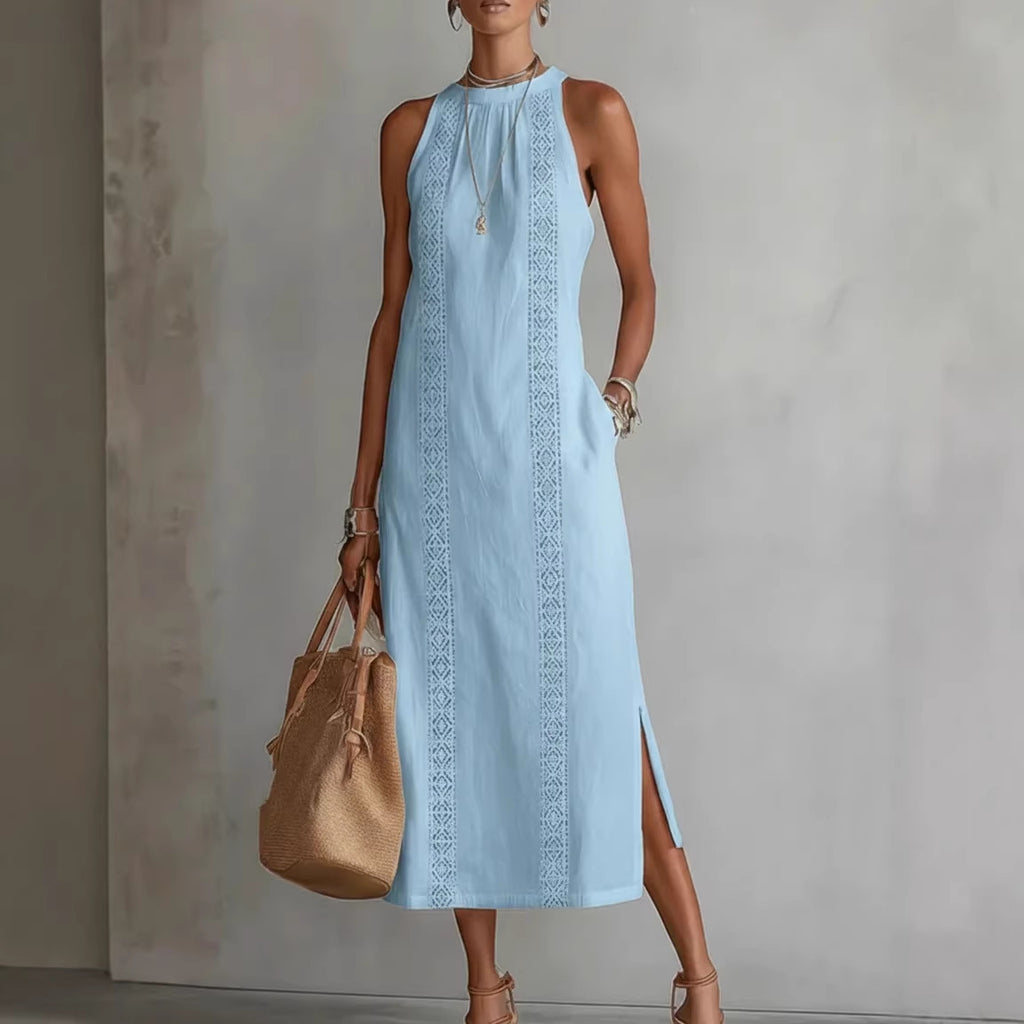Robe d'été sans manches à col licou et patchwork de dentelle pour femme, style vacances
