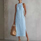 Robe d'été sans manches à col licou et patchwork de dentelle pour femme, style vacances