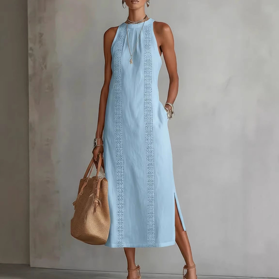 Robe d'été sans manches à col licou et patchwork de dentelle pour femme, style vacances