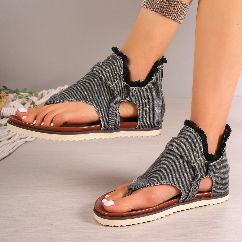 Sandales tongs en jean avec fermeture éclair arrière, chaussures plates d'été rétro de plage pour femmes
