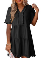Robes d'été pour femmes Col en V Manches courtes Décontracté Coupe évasée Fluide Robe trapèze Mini-robe
