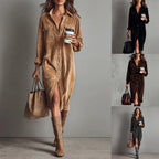 Robe Décontractée Chic à Col Rabattu et Boutons, Robe de Soirée Simple Unie pour Femmes Printemps Automne, Robe Longue à Manches pour Dames en Vacances