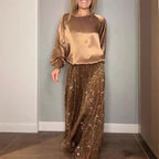 Round Neck Satin Top Sequin Dress Suit Two-piece Set