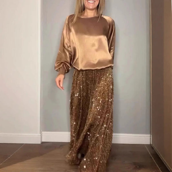 Ensemble deux pièces costume robe à sequins et haut en satin à col rond
