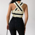 Haut court dos nu rayé en maille à col en V pour femme