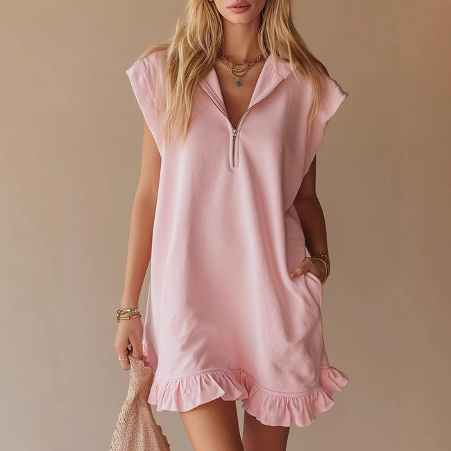 Robe sans manches à col en V - Robe d'été décontractée pour femmes avec deux poches avant et une fermeture éclair arrière pour un usage quotidien Main Image