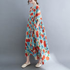 Robe ample en coton et lin imprimée à manches courtes de grande taille pour femmes