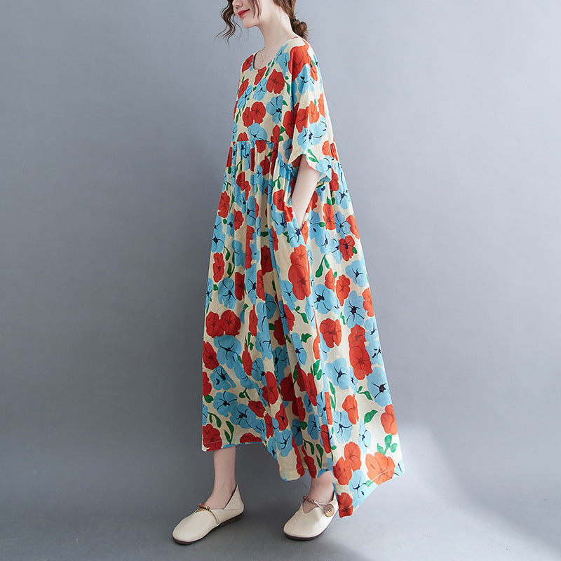 Robe ample en coton et lin imprimée à manches courtes de grande taille pour femmes