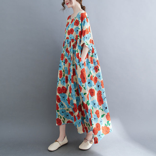 Robe ample en coton et lin imprimée à manches courtes de grande taille pour femmes Main Image