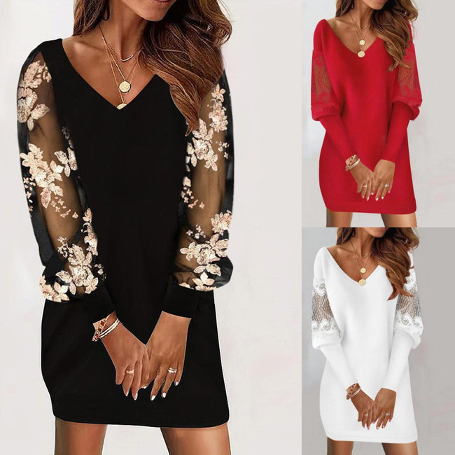 Robe à manches longues et col en V, style nouveau printemps et automne, avec empiècements en dentelle pour femmes Main Image