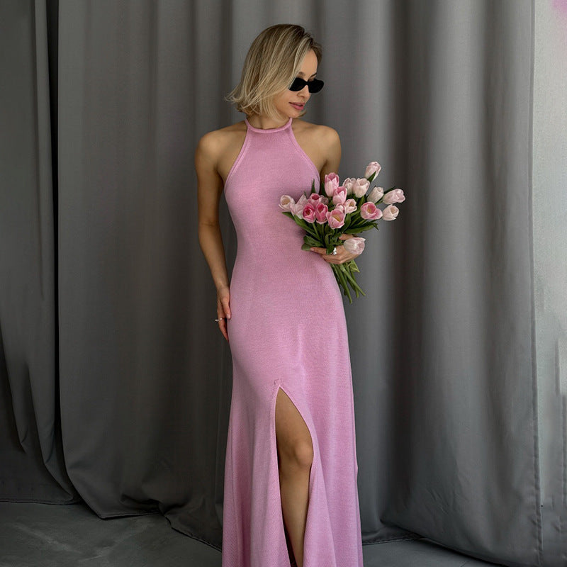 Robe trapèze fendue en laine pour femme
