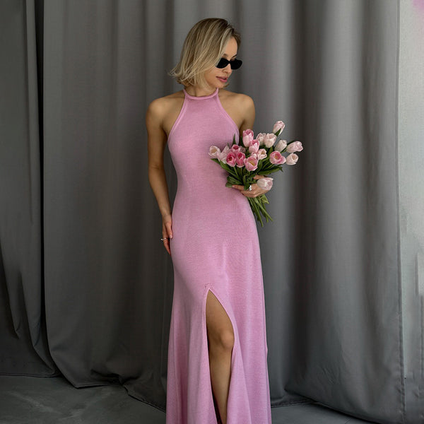 Robe trapèze fendue en laine pour femme