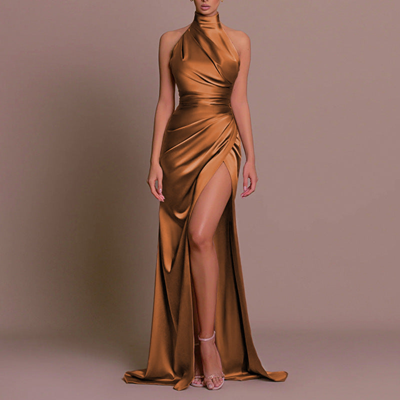 Robe longue satinée asymétrique à une épaule pour femme