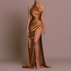 Robe longue satinée asymétrique à une épaule pour femme