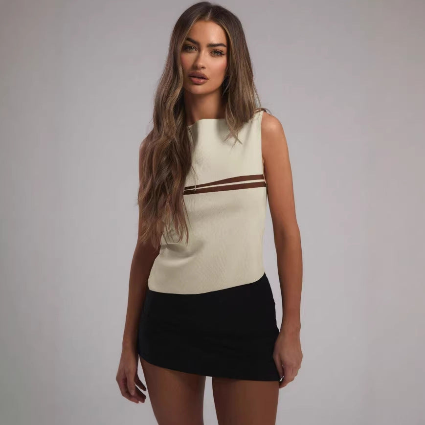 Débardeur tricoté rayé style Chanel pour femme, vêtement d'été, coupe ajustée, couche de base, haut sans manches