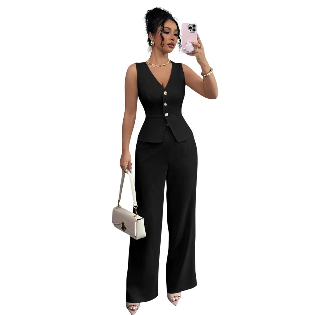 Ensemble deux pièces d'été sans manches pour femme : gilet moulant à col en V et pantalon taille haute.