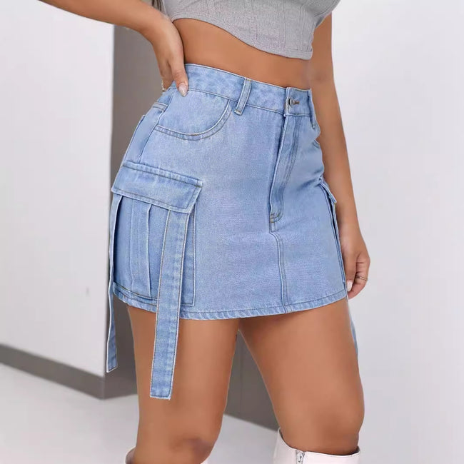 Salopette Jupe en Jean Femme Décontractée avec Rubans à Nouer Main Image