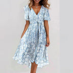 Robe d'été évasée à fleurs imprimées et col en V, à manches courtes pour femme