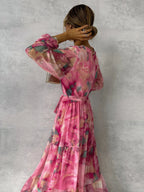 Robe longue fleurie à manches longues, élégante, col en V, plissée, taille haute, grand ourlet évasé en mousseline de soie pour femme