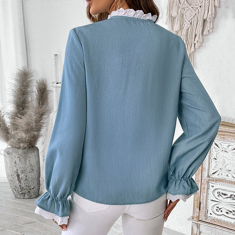 Gilet simple boutonnage Col dentelle Chemise bleue pour femme