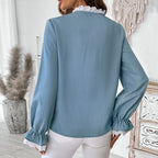 Gilet simple boutonnage Col dentelle Chemise bleue pour femme