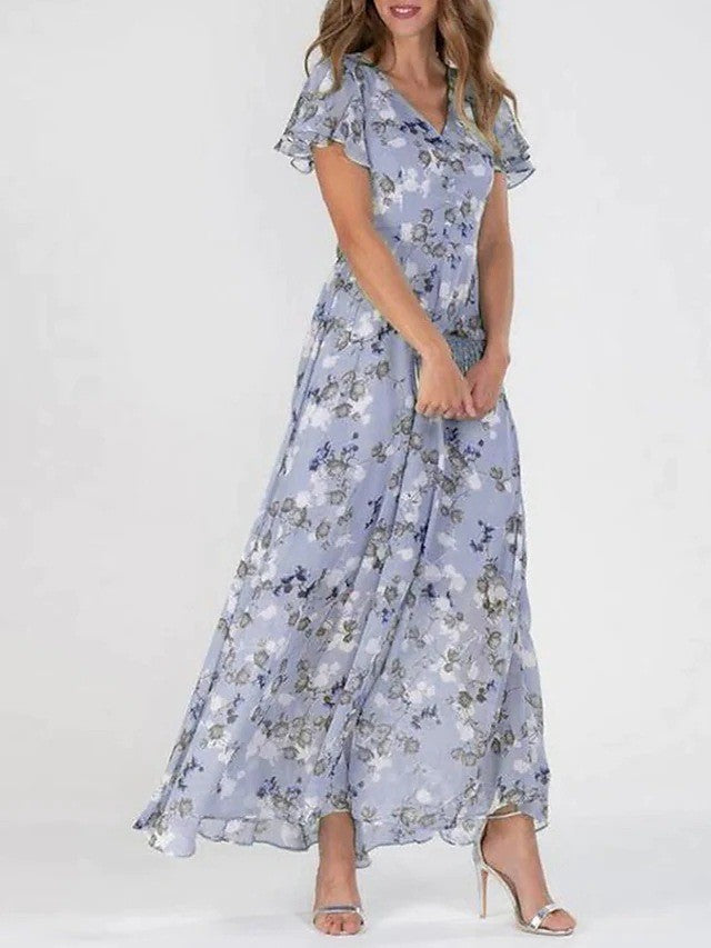 Robe courte à imprimé floral manches courtes Mode d'été Robes de plage à volants Vêtements pour femmes