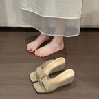 Elegant Premium Square Toe Metal Buckle Toe Loop Slide Sandals For Women, Minimalist Suede Designer Casual Mule Slippers