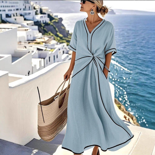 Robe Longue D'été Imprimée Rayures Décontractée Plage Vacances Manches Courtes Vêtements Femme