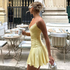 Robe Courte Sexy à Bretelles et Col en V Style Y2K Slim et Volants pour Femmes