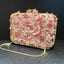 Pochette de soirée en métal rose, chaîne et diamants