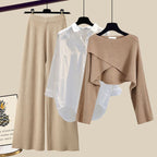Ensemble trois pièces pull tricoté, chemise et pantalon large pour femme, collection automne-hiver