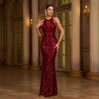 Robe Fourreau Longue Élégante sans Manches Col Rond Paillettes Coupe Slim Sirène pour Banquet