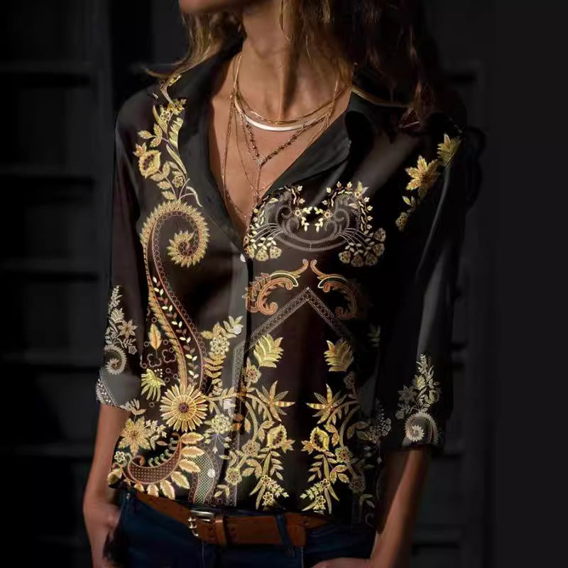 Chemise à la mode avec impression, revers et manches longues pour femme