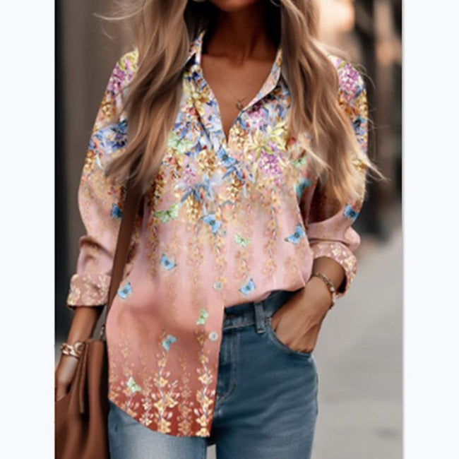 Chemise à la mode avec impression, revers et manches longues pour femme Main Image