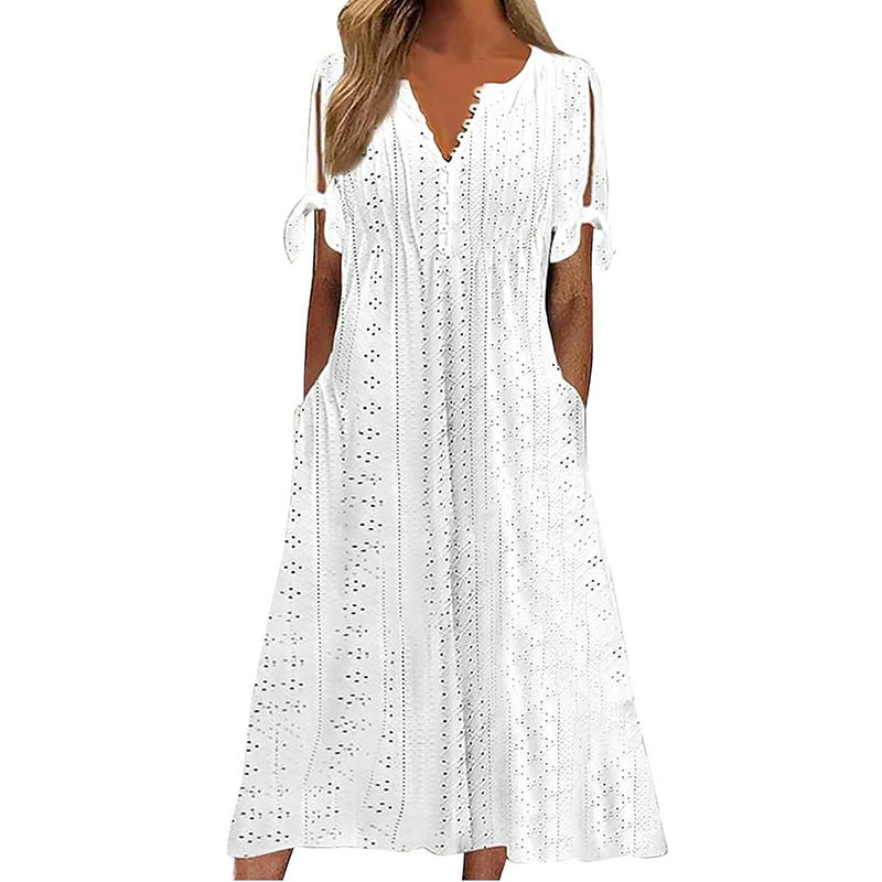 Robe longue d'été en broderie anglaise à col en V pour femme, manches courtes, coupe ample évasée pour la plage