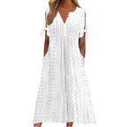 Robe longue d'été en broderie anglaise à col en V pour femme, manches courtes, coupe ample évasée pour la plage
