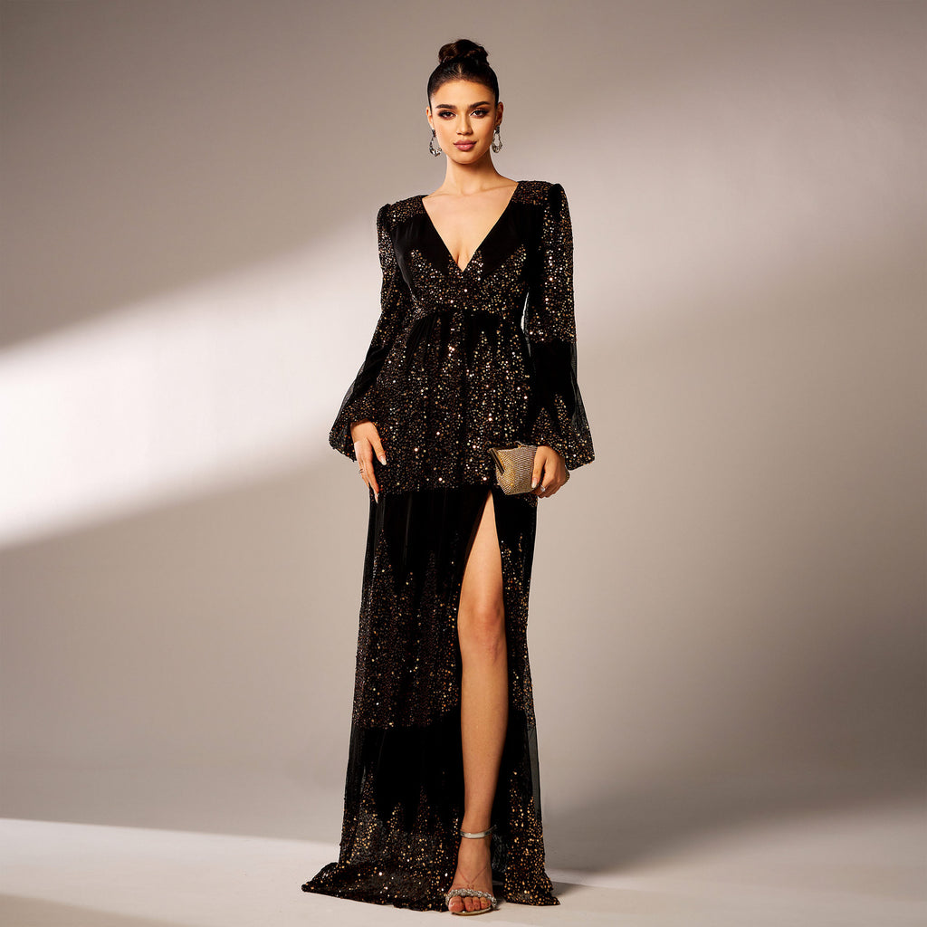 Robe de soirée longue à sequins, col en V et manches longues, sexy